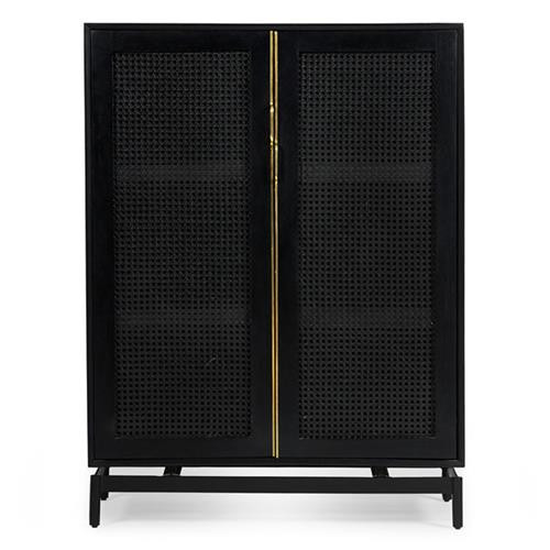 Eleanor Mid Century Charcoal Hardwood Cane Rattan Mesh Door Wardrobe - Small | Kathy Kuo Home