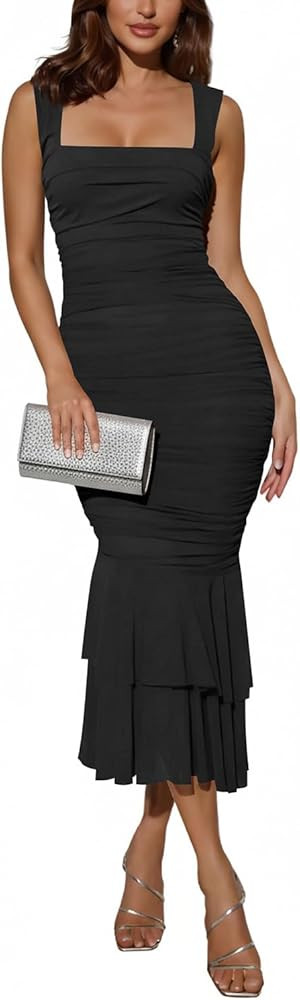 Women's Sexy Square Neck Sleeveless Summer Bodycon Maxi Dresses Mesh Ruched Ruffle Wedding Guest ... | Amazon (US)