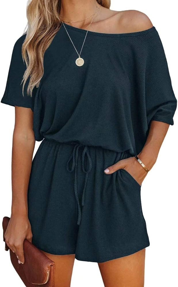 Lacozy Women Jumpsuits One Piece Rompers Summer Boat Neck Off Shoulder Short Sleeve Jumpsuit with Po | Amazon (US)