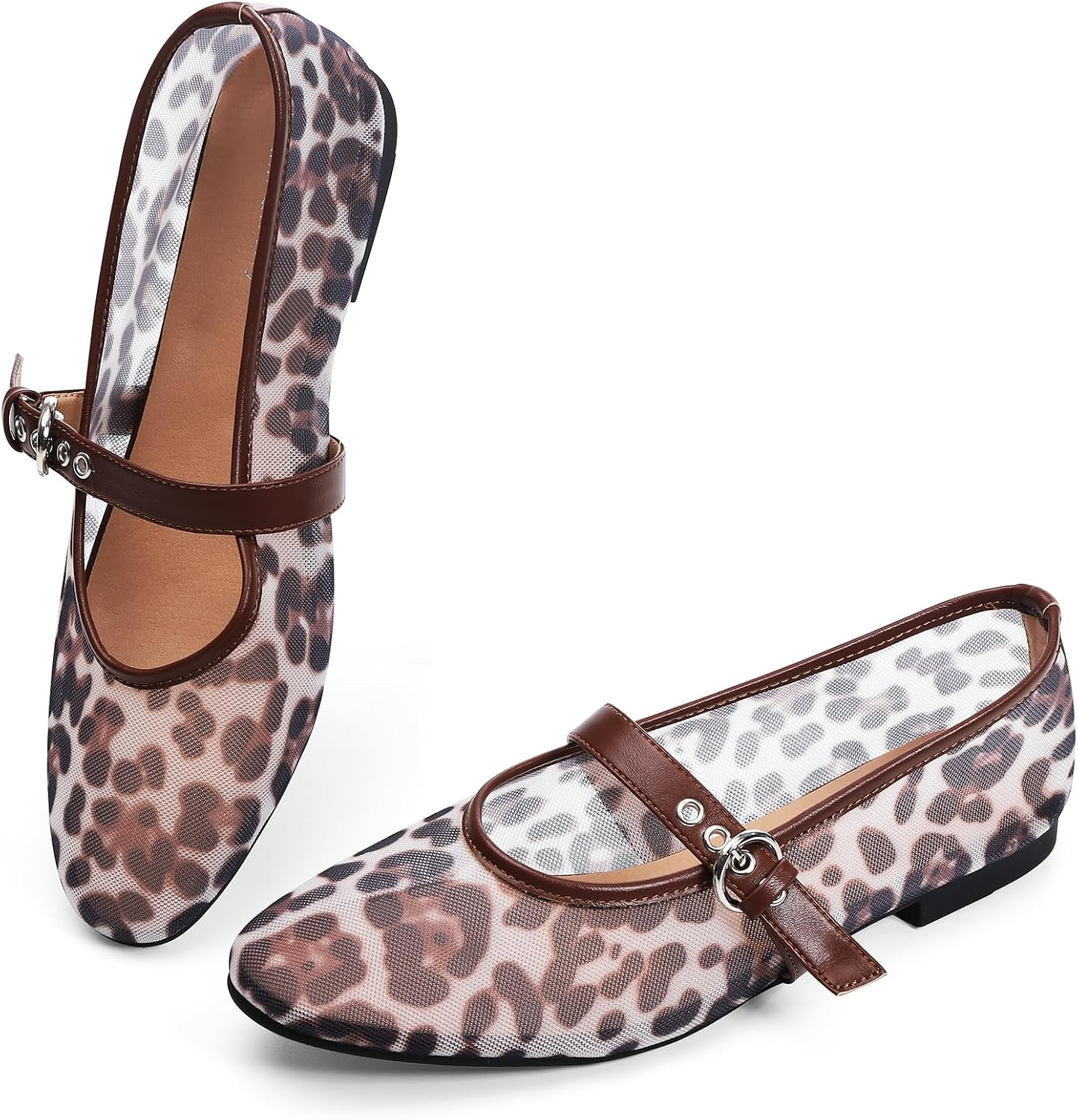 Leopard Flats for Women Mesh Ballet Flats Mary Jane Animal Print Shoes Slip On Casual Breathable Ballerina Flats | Amazon (US)