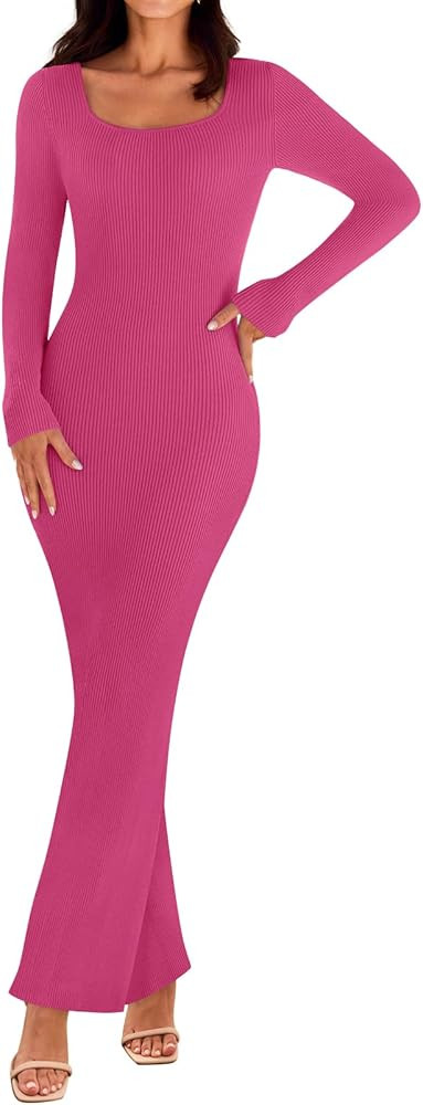 MEROKEETY Women's 2024 Fall Long Sleeve Sweater Dress Square Neck Ribbed Knit Bodycon Long Maxi D... | Amazon (US)
