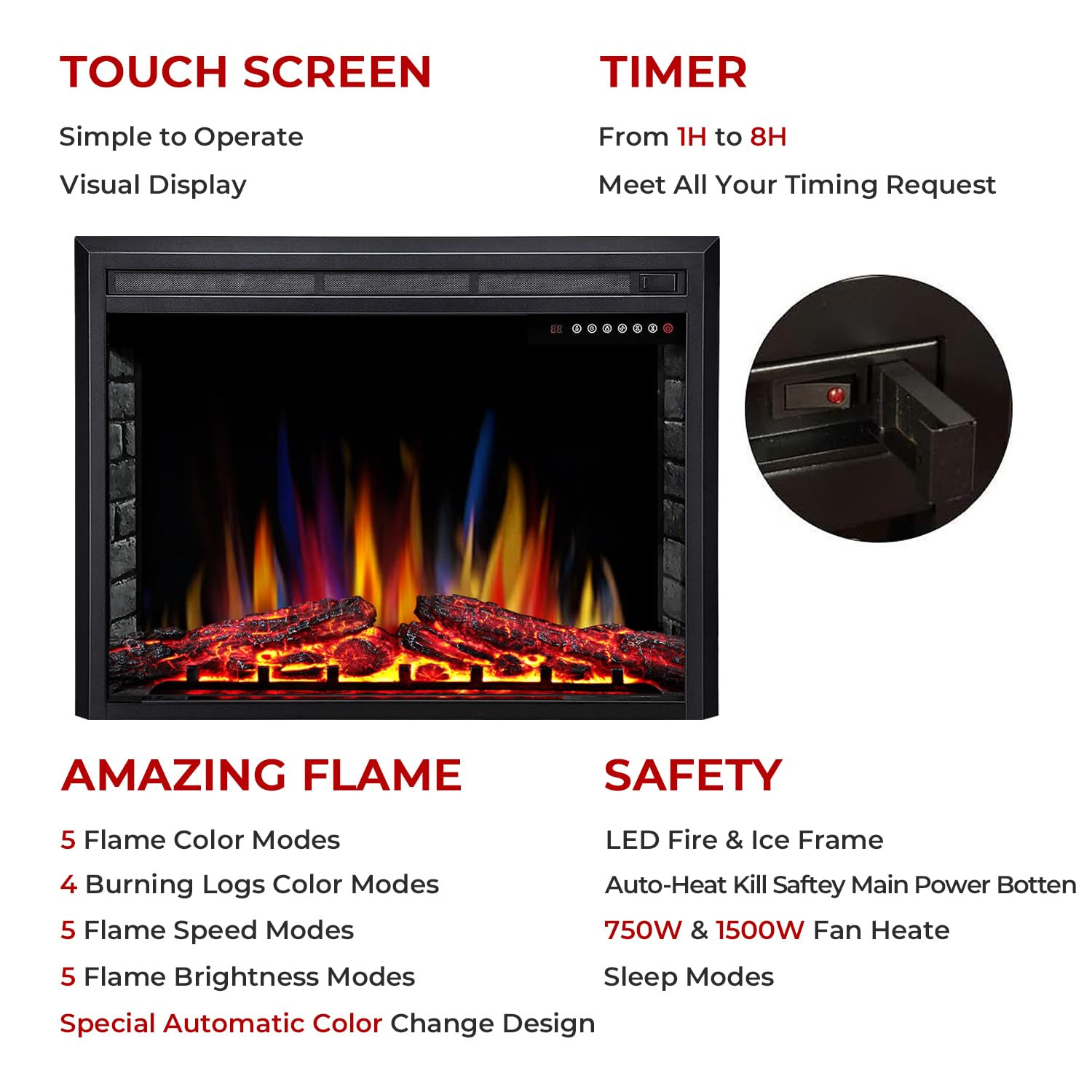 R.W.FLAME A-36" Electric Fireplace Insert ,Recessed Electric Stove Heater,Touch Screen,Remote Con... | Amazon (US)
