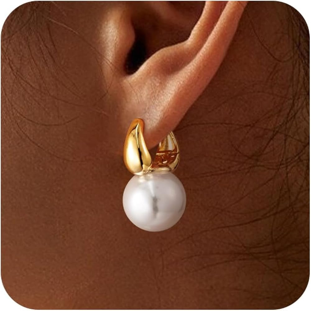 Moodear Pearl Earrings for Women Trendy 14K Gold Plated/925 Sterling Silver Pearl Drop Hoop Earri... | Amazon (US)