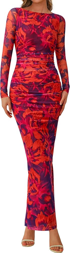 PRETTYGARDEN Women's Long Sleeve Bodycon Dresses 2026 Spring Sexy Floral Mesh Slit Ruched Tight M... | Amazon (US)