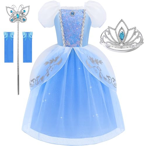 Aolliya Princess Dress for Girls Puff Sleeves Princess Costume Blue Fancy Dress Up for Halloween Cosplay Party Carnival | Amazon (US)