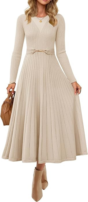 ZESICA Women's Long Sleeve Midi Sweater Dress 2026 Fall Crewneck Knit A Line Pleated Flowy Long D... | Amazon (US)