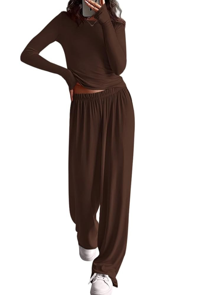 PRETTYGARDN Two Piece Lounge Sets For Women 2025 Casual Long Sleeve Shirts Wide Leg Pants Tracksu... | Amazon (US)