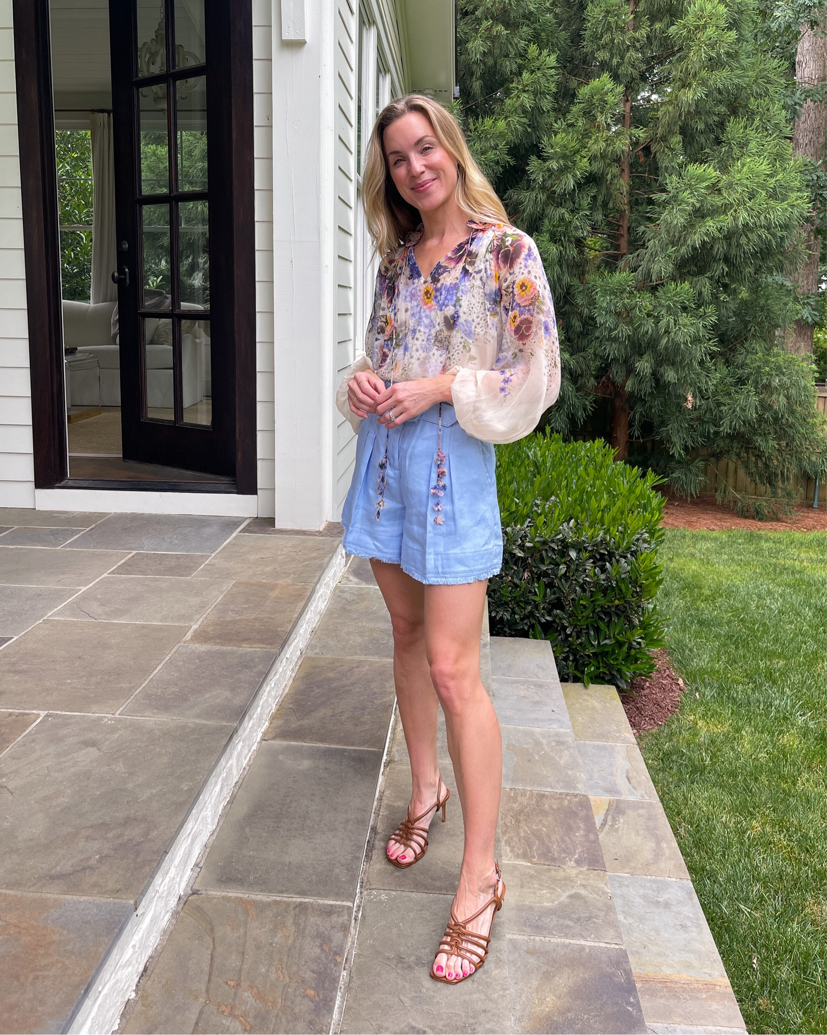 Tailored shorts with a floral blouse 🌸 Shorts on sale and run a little small. Similar tops and shorts for less also linked! Heels TTS and a great comfortable height.

#LTKFind #LTKSeasonal #LTKstyletip