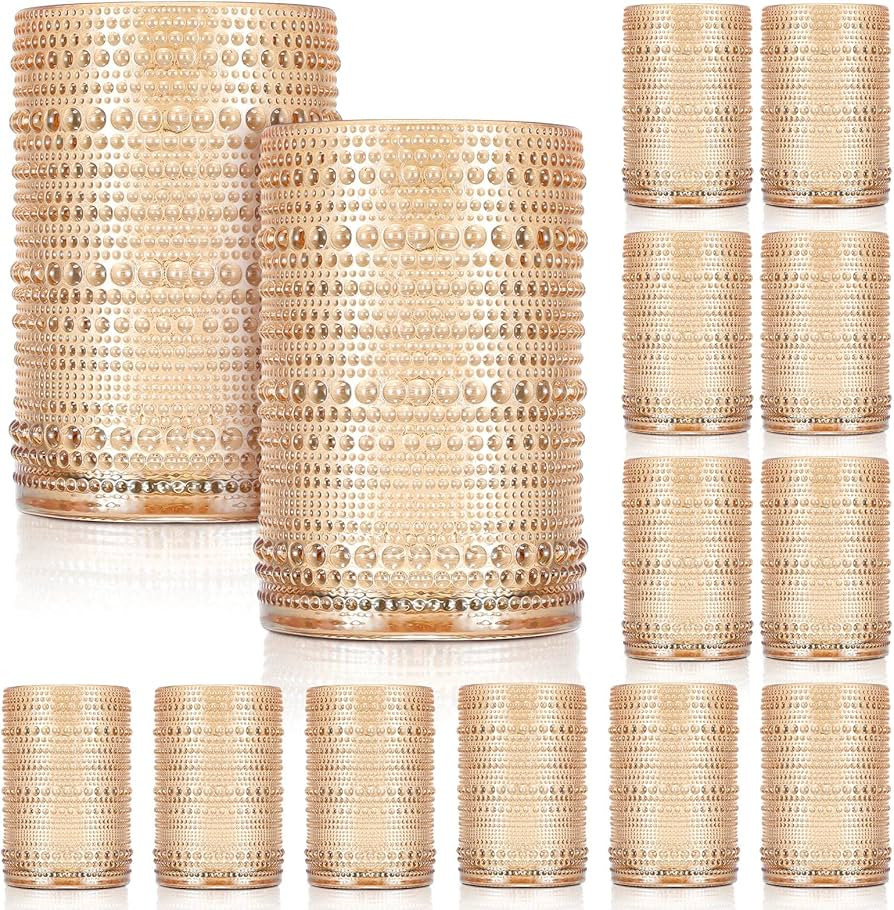 meekoo 16 Pcs Hobnail Drinking Glassware Beaded Amber Drinking Glasses 14 oz Vintage Drinking Gla... | Amazon (US)