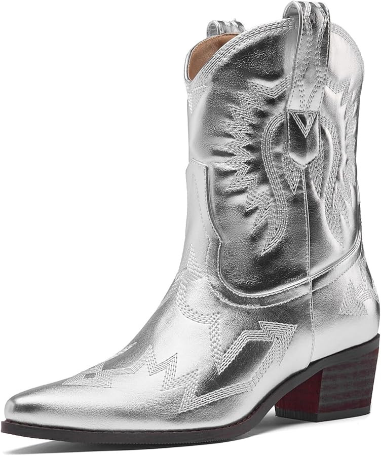 Cowboy Boots for Women Embroidered Metallic Ankle Western Cowgirl Boots Pointed Toe Chunky Heel | Amazon (US)