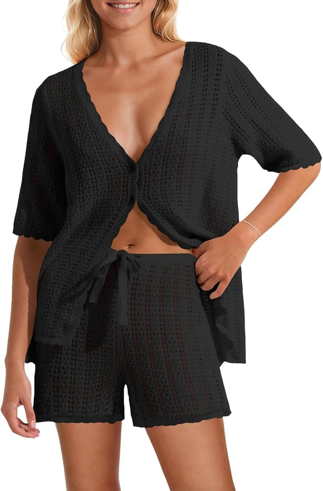 Saodimallsu Women Crochet 2 Piece Swimsuit Cover Up Short Sleeve Knit Tops Shorts Sets Summer Bea... | Amazon (US)