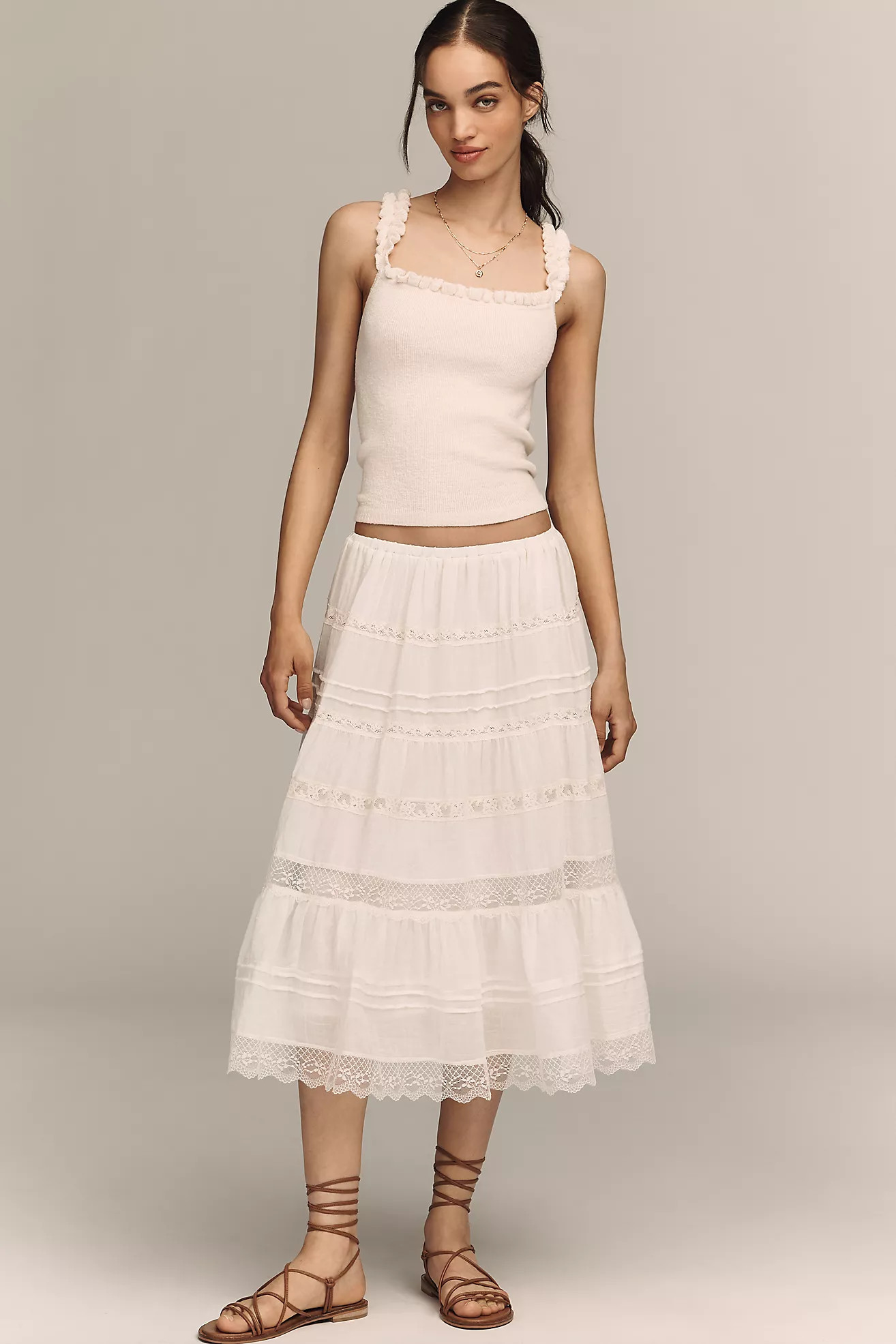 RAISONNEL Cotton Tiered Lace Midi Skirt | Anthropologie (US)