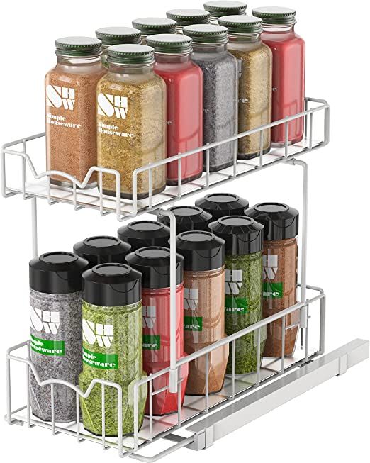 Simple Houseware 2-Tier Spice Rack Slide Out Wire Basket Drawer Organizer, White | Amazon (US)