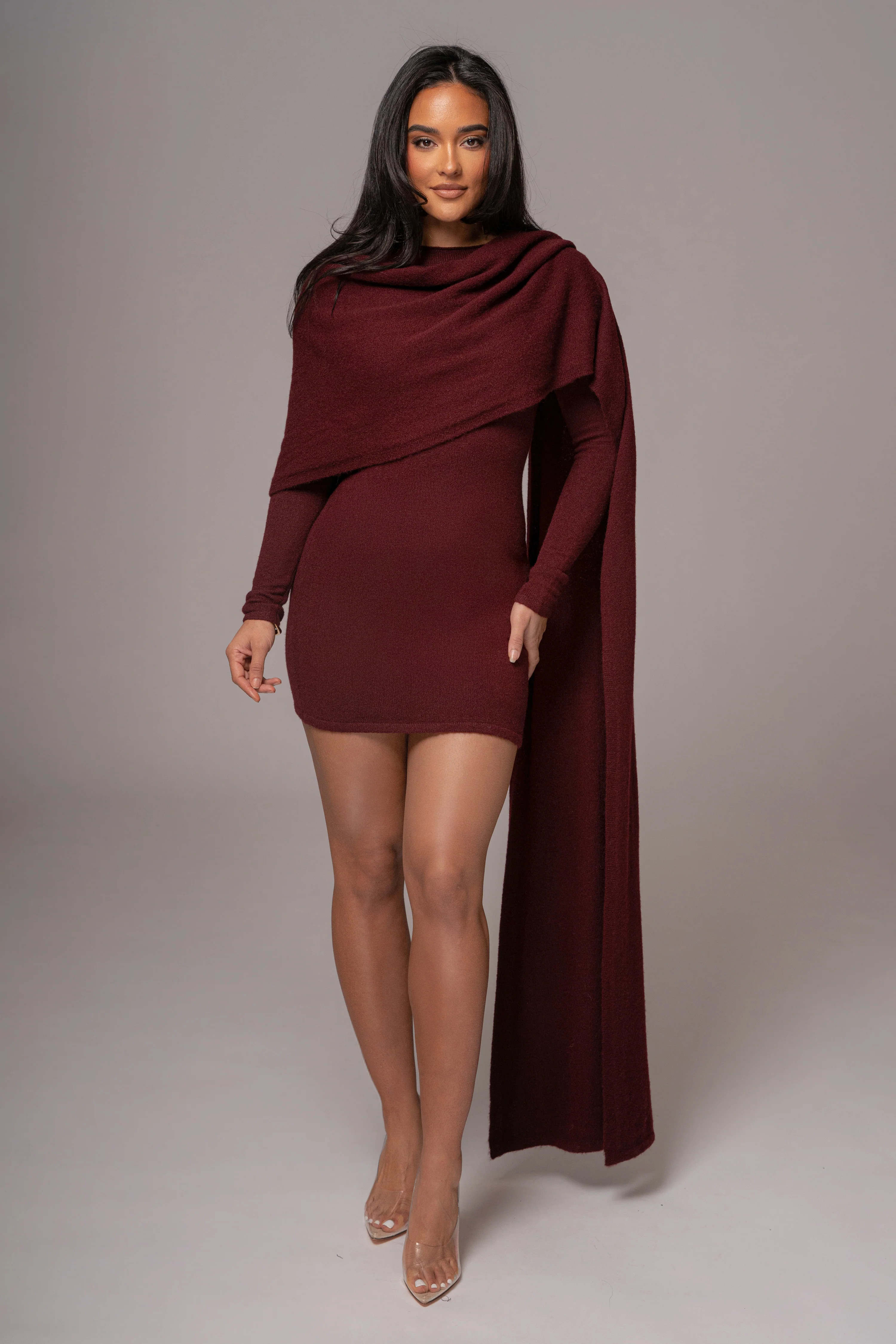 Burgundy Scarf Draped Mini Dress | JLUXLABEL