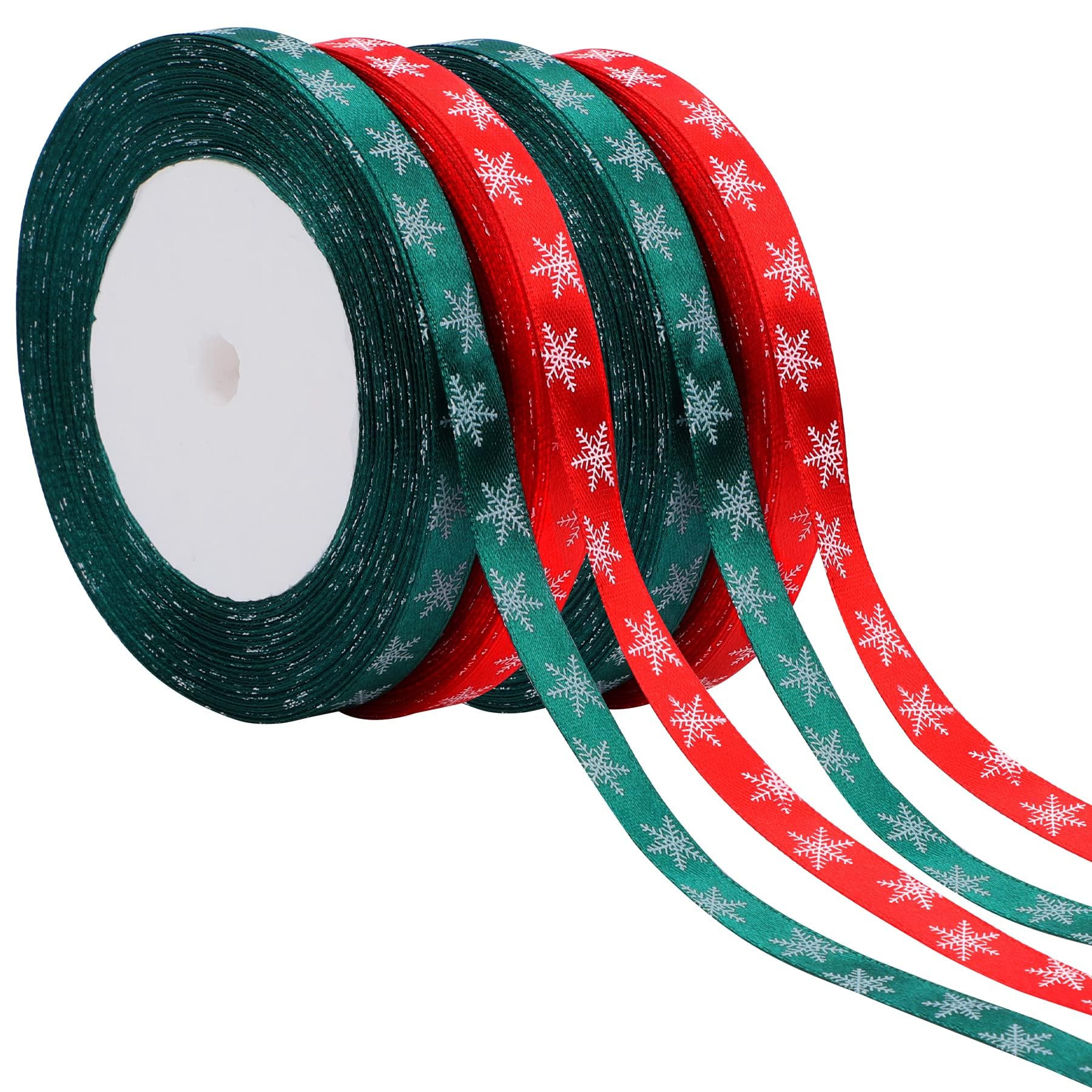 4 Rolls 100 Yards Christmas Snowflake Ribbons for Gift Wrapping, 10mm Wide Red and Green Satin Ri... | Amazon (US)