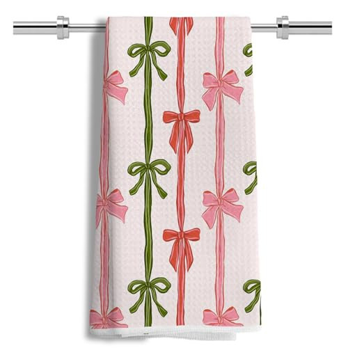 LUKIPOM Coquette Red and Green Christmas Bow Kitchen Towels 16x24 Inch, Winter Holiday Pink Bow Stripes Dish Tea Towels for Kitchen, Preppy Girly Christmas Decor Hand Towel for Bathroom | Amazon (US)