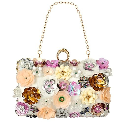 Women's Floral Evening Handbags Colorful Rhinestone Flower Clutch Purses Floral Bride Wedding Handbag Long Chain Shoulder Bag (White) | Amazon (US)