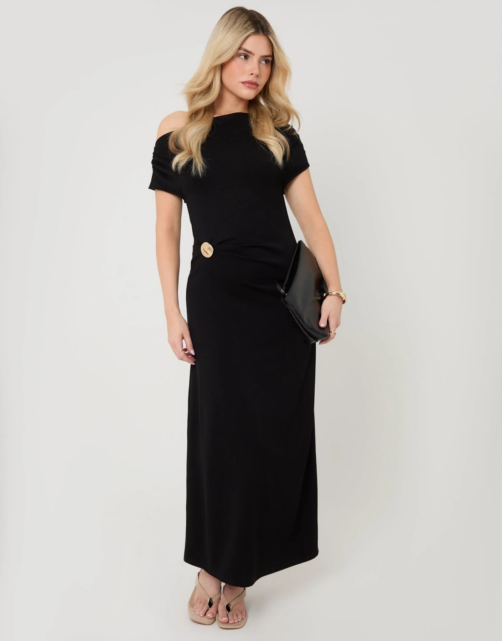 Off Shoulder Draped Jersey Maxi Dress in Black | Threadbare