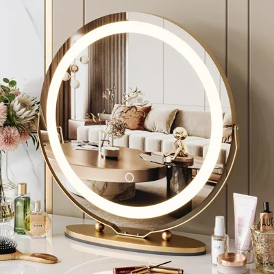 LED Makeup Mirror with Lights, Vanity Mirror with Touch Control & Dimmable Lighting, 360° Rotation Tabletop Desk Mirror, Gold Finish | Wayfair North America