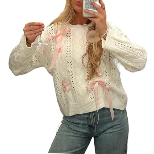 Women Cute Bow Knit Sweater Y2k Ribbon Bow Long Sleeve Knit Pullover Aesthetic Going Out Sweater Coquette Streetwear | Amazon (US)