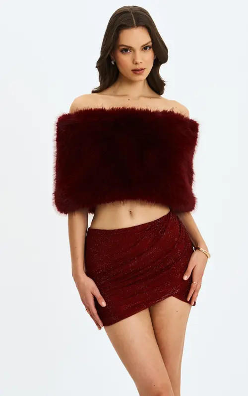 Miss Circle Darla Faux Fur Off-Shoulder Cropped Top in Burgundy at Nordstrom, Size Xx-Small | Nordstrom