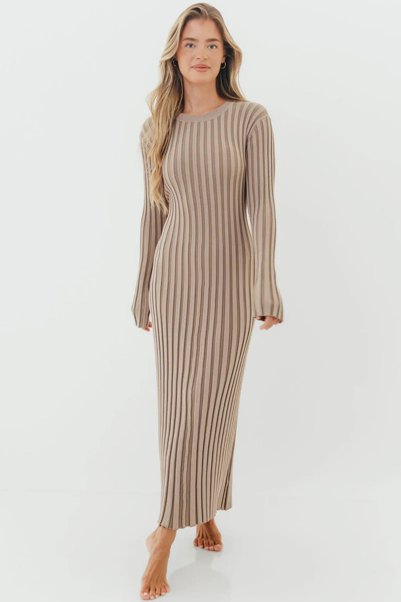 Colette Premium Long Sleeved Ribbed Knit Maxi Dress in Stone - Bump Fr | Worth Collective
