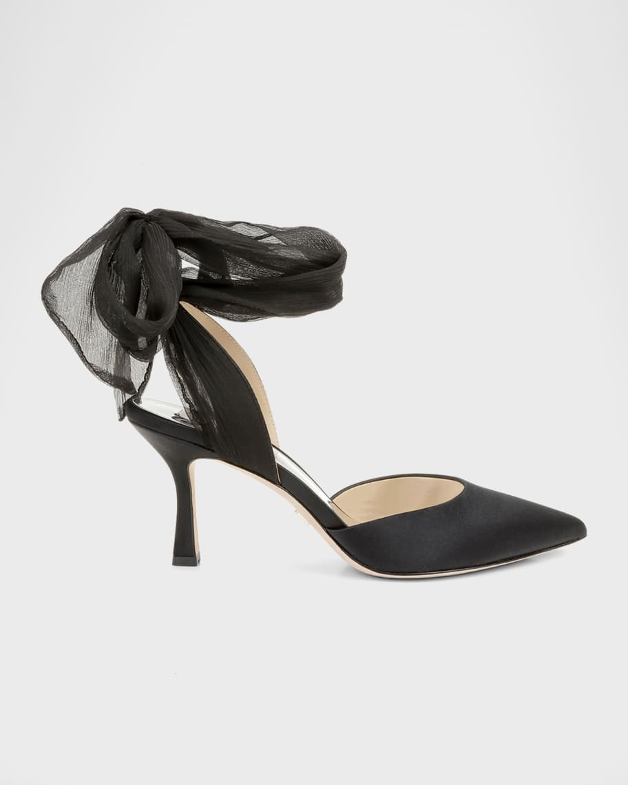 Badgley Mischka Blaze Satin Ankle-Wrap Halter Pumps | Neiman Marcus
