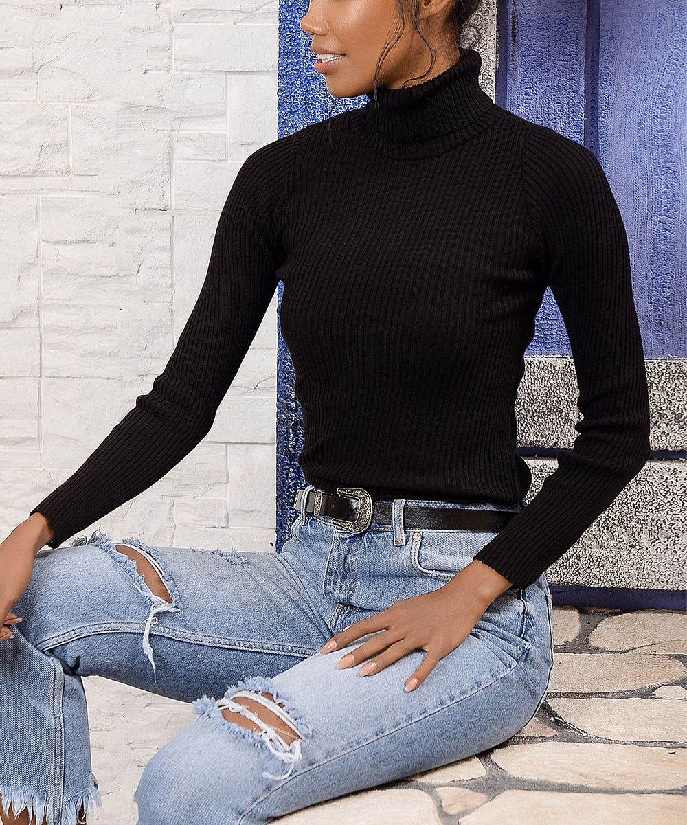 CCK Style Women's Pullover Sweaters BLACK - Black Turtleneck - Women | Zulily