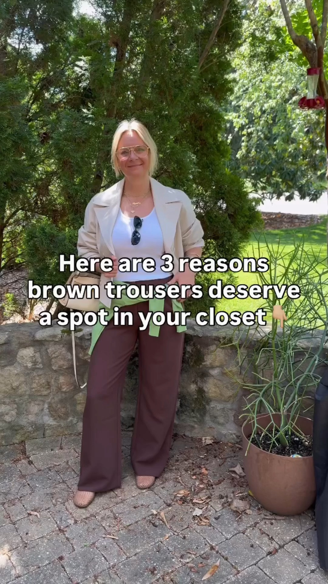 Here are 3 reasons brown trousers deserve a spot in your closet 👇

1️⃣ They’re warmer and more interesting than black. Brown has all the versatility of a classic neutral but with depth and richness that black just doesn’t have. It photographs beautifully and feels a little more elevated without trying harder.

2️⃣ They make unexpected colors look intentional. Brown pairs effortlessly with colors that can feel tricky against black — sage green, mustard, cream, even soft pastels. It’s a much more forgiving neutral to build around.

3️⃣ They work across every season. Light enough for spring and summer with a tank and sandals, rich enough to layer for fall and winter with knits and boots. One pair, year-round wear.

OOTD ✨ Cropped trench + white tank + brown trousers + a cardigan tied at the waist + jelly flats. All from my own closet — linked the closest versions I could find. Everything shoppable below! 👇

#LTKgrwm #LTKootd #LTKOver40

Comment SHOP below to receive a DM with the link to this post on my LTK ⬇ https://liketk.it/6gIZl
