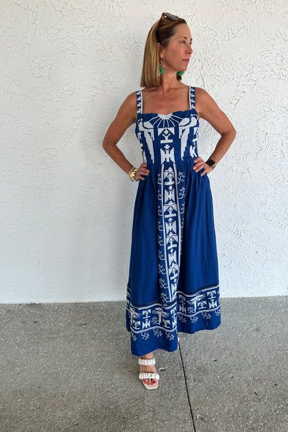 NAVY MACAW EMBROIDERED MAXI DRESS BY FARM RIO | Mimi Seabrook