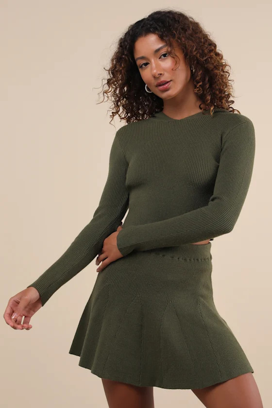 Delightful Duo Olive Ribbed Hooded Two-Piece Sweater Mini Dress | Lulus