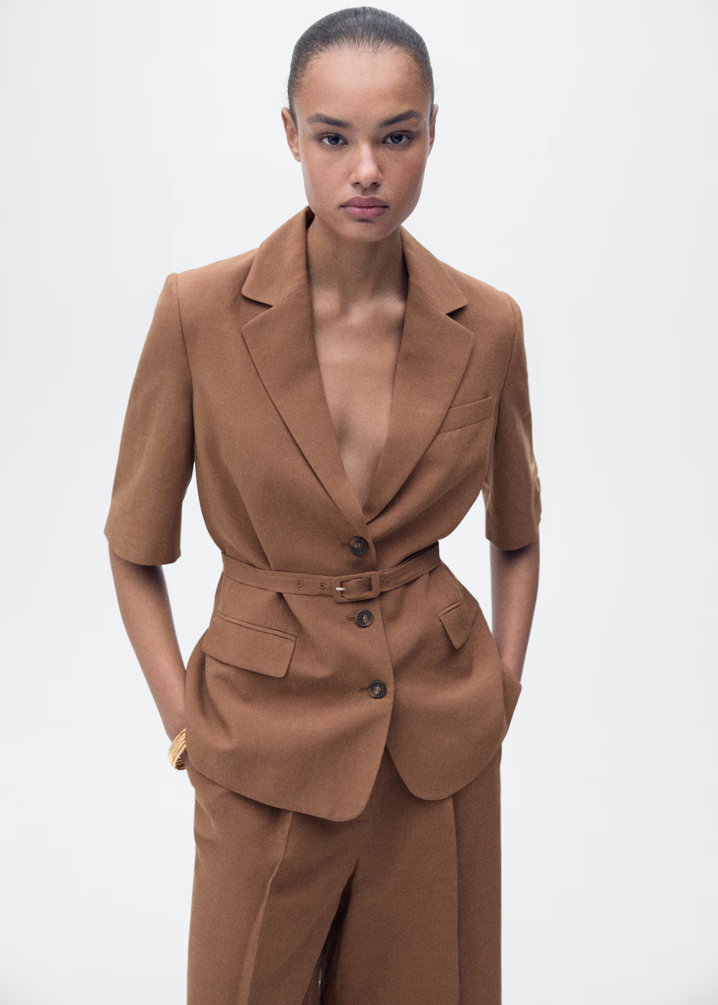 Linen-blend suit jacket with belt - Women | MANGO United Kingdom | MANGO (UK)