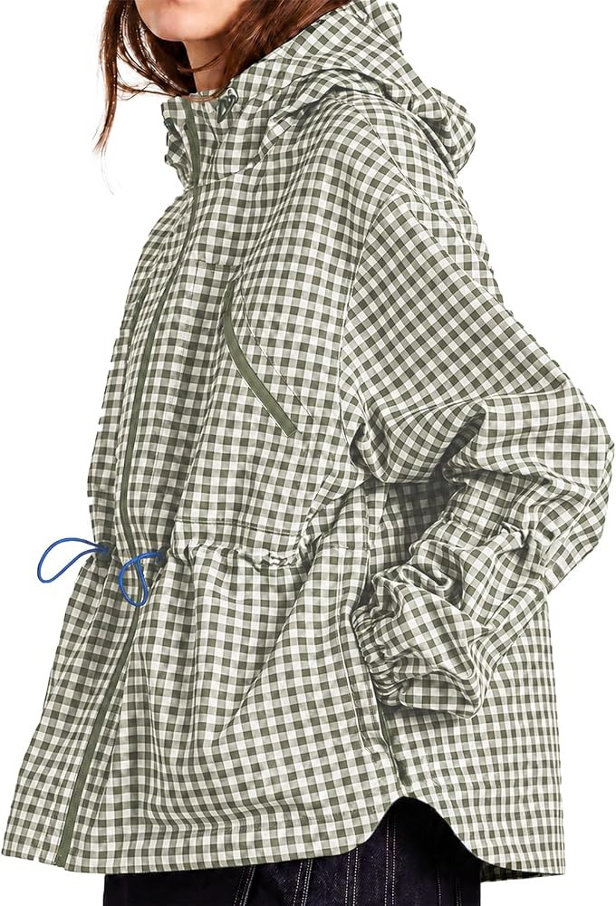 Fisoew Womens Rain Jacket Waterproof Plaid Raincoat Hooded Windbreaker | Amazon (US)