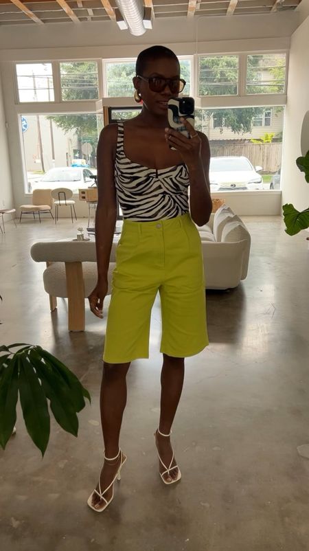 Affordable Spring outfit! Lime Bermuda shorts, zebra print swimsuit worn as a top. Runs true to size. 

#LTKfindsunder100 #LTKVideo #LTKfindsunder50
