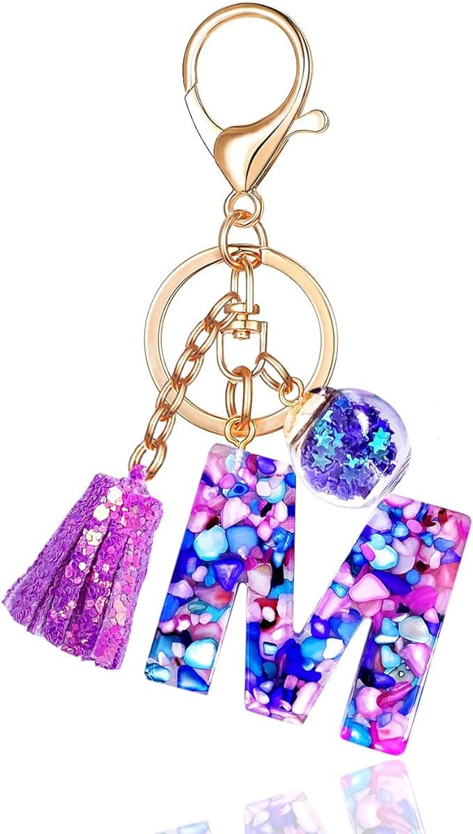 Purple Letter A-Z Keychain for Women Purse Handbags Resin Alphabet Initial Letter Pendant with Ta... | Amazon (US)