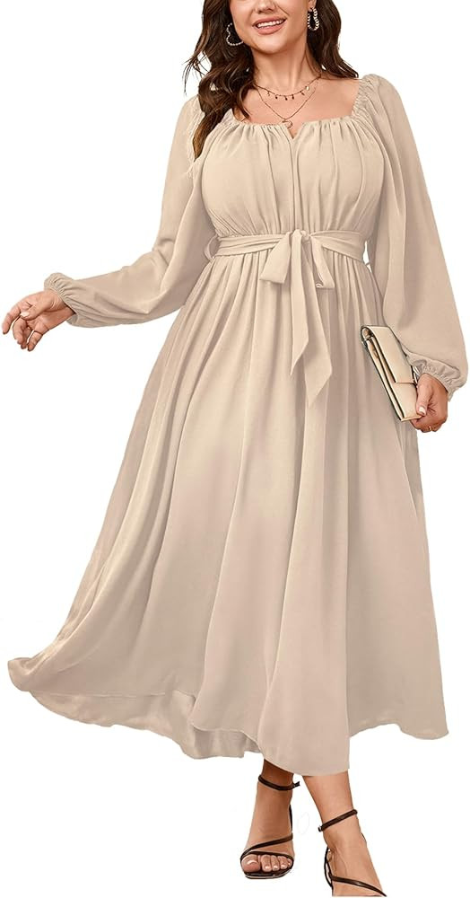 SCOMCHIC Women Plus Size Maxi Dress Long Sleeve Square Neck Wedding Guest Cocktail Belted Elegant... | Amazon (US)
