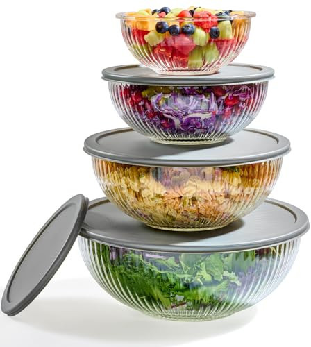 8pc Ribbed Glass Mixing Bowls with Leakproof Airtight Lids - BPA-Free Meal Prep Stackable Space Saving Nesting, Kitchen Baking Food Storage & Serving Containers - Microwave, Freezer, Dishwasher Safe. | Amazon (US)