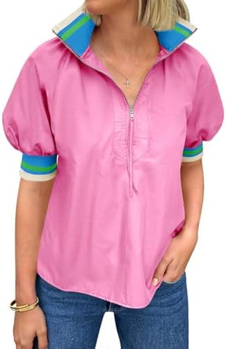 Tankaneo Womens Puff Sleeve Tops Blouse Color Block Half Zip V Neck Pullover Trendy Summer Casual... | Amazon (US)
