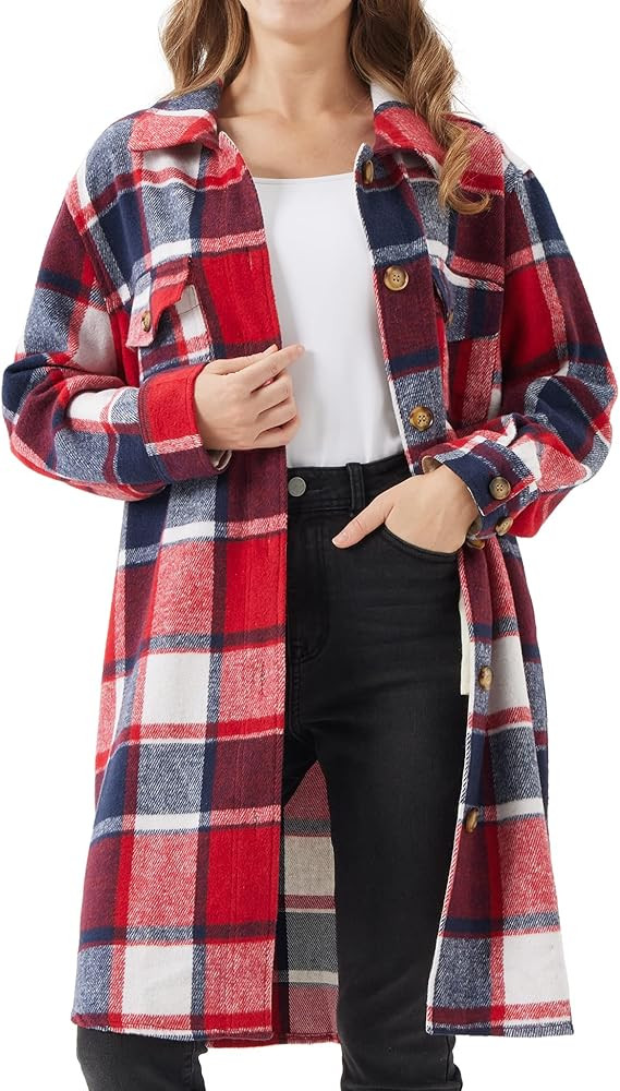URBEST Women's Oversized Plaid Shacket - Cozy Long Sleeve Button Down Jacket with Pockets, Knee L... | Amazon (US)