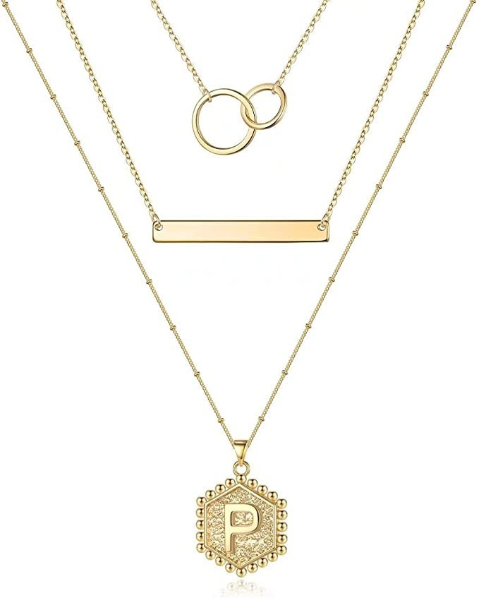 Layered Initial Necklaces for Women, 14K Gold Plated Dainty Infinity Circles Bar Hexagon Letter P... | Amazon (US)