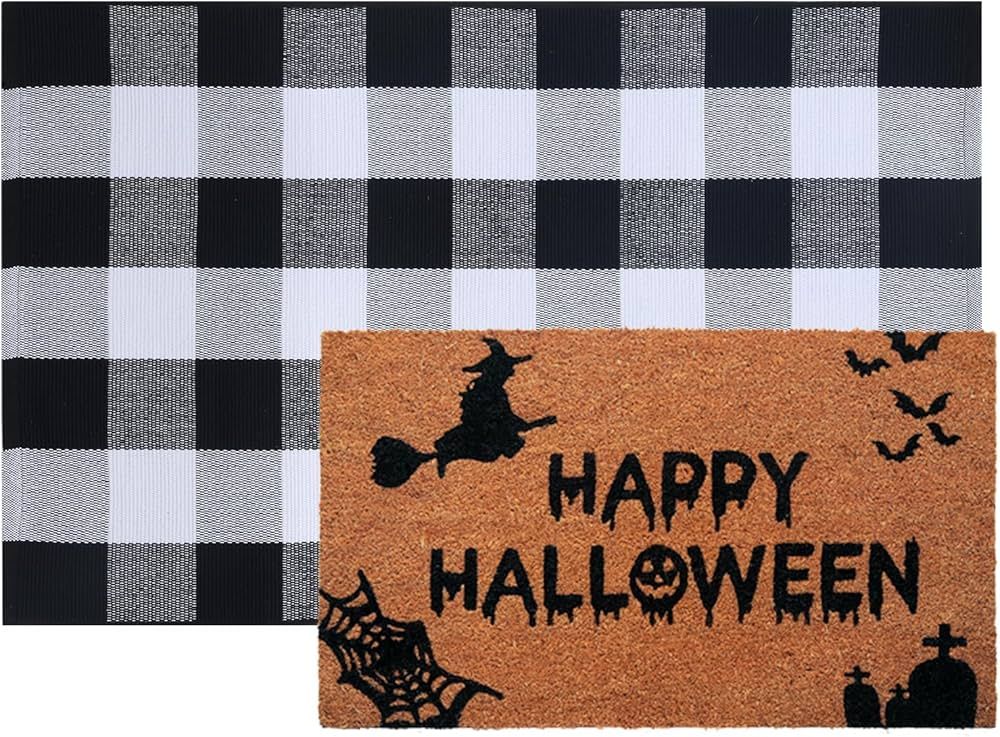 Halloween Decor Doormat Combo Set, 100% Coco Coir Welcome Mat + 28 x 43 Inches Black and White Pl... | Amazon (US)