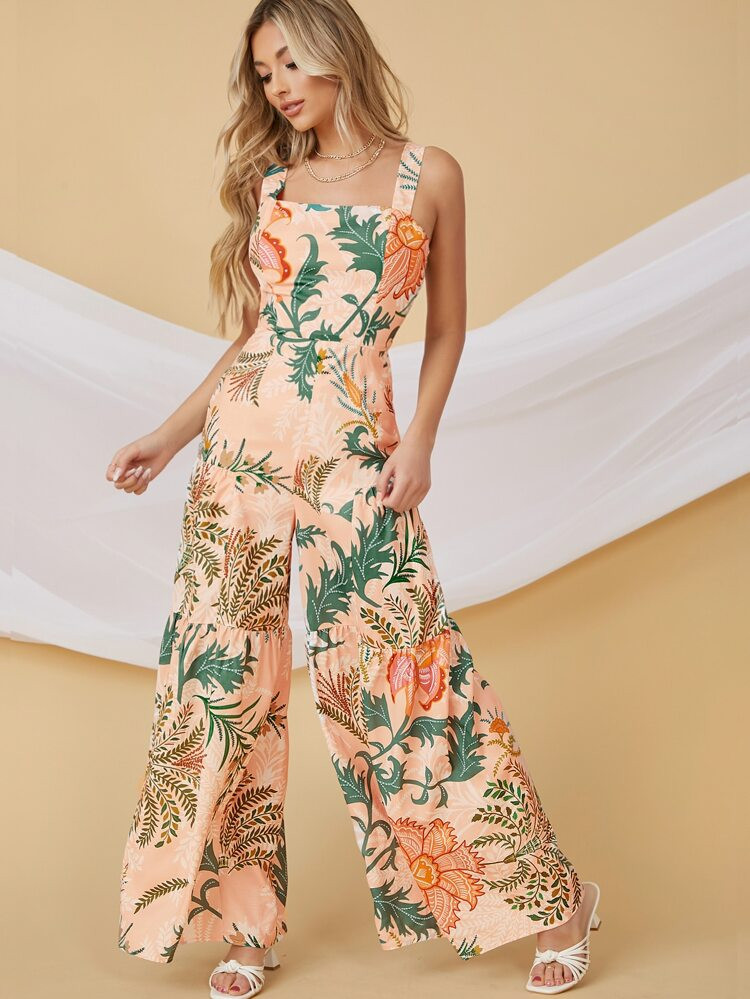 NEWSHEIN Floral Print Tiered Ruffle Wide-Leg Jumpsuit | SHEIN