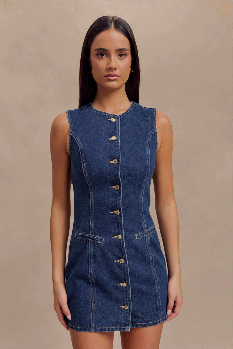 Jane Button Down Denim Mini Dress - Dark Blue | MESHKI US