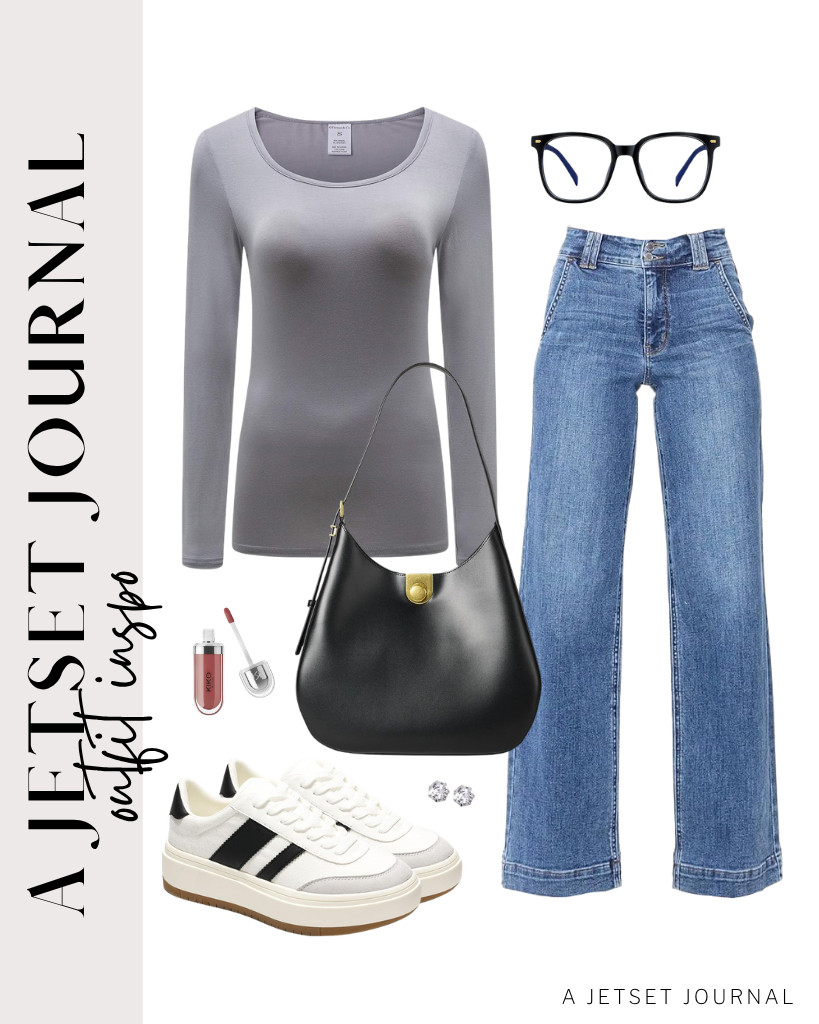 This light gray OThread & Co. long-sleeve shirt pairs perfectly with Astylish high-waisted jeans and Project Cloud fashion platform sneakers. You can also style it with an Amazon Essentials shoulder bag and PANNER blue light-blocking glasses. 

 #LTKSeasonal #LTKSaleAlert #LTKTravel