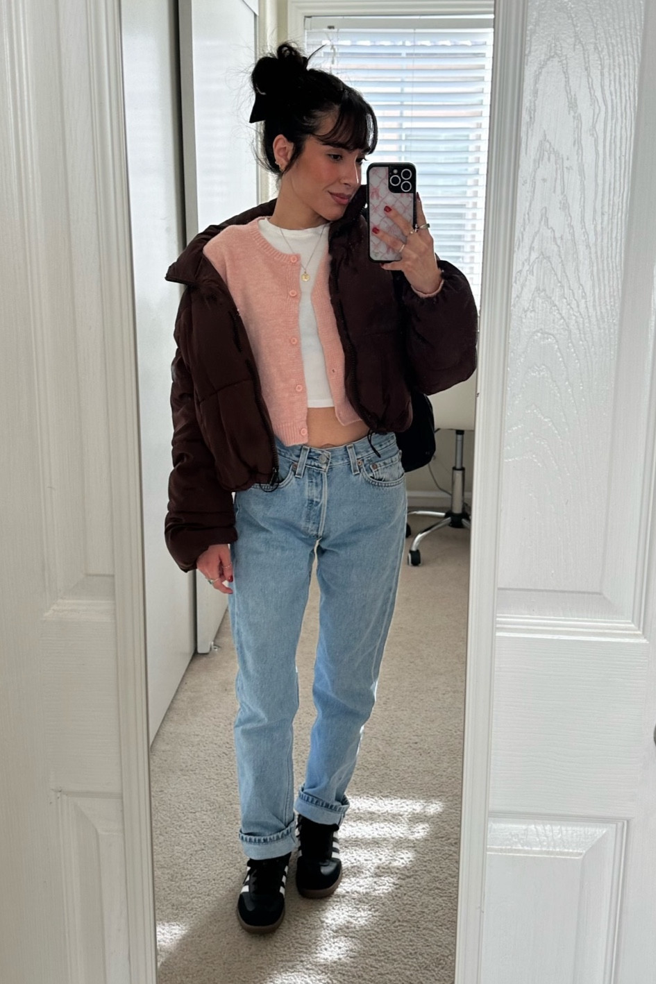 My cardigan is from cotton on (no longer sold) & my jeans are thrifted levi’s 501’s 🫶🏼