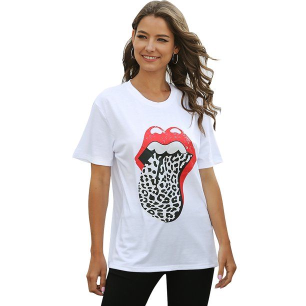 Women Lips Print Short Sleeve T Shirt Ladies Casual Summer Crew Neck Blouse Tops Tee | Walmart (US)