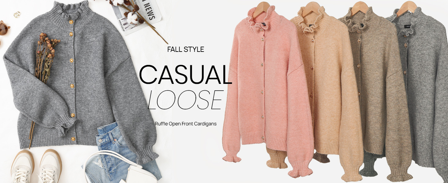 MEROKEETY Women's Fall 2025 Chunky Cardigan Sweaters Trendy Ruffle Button Down Long Sleeve Casual... | Amazon (US)