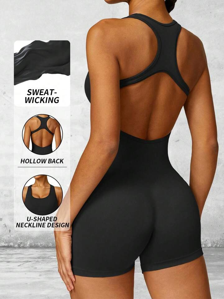 Yefecy Mameluco deportivo sin costuras de yoga básico de punto acanalado sólido, Jumpsut deport... | SHEIN