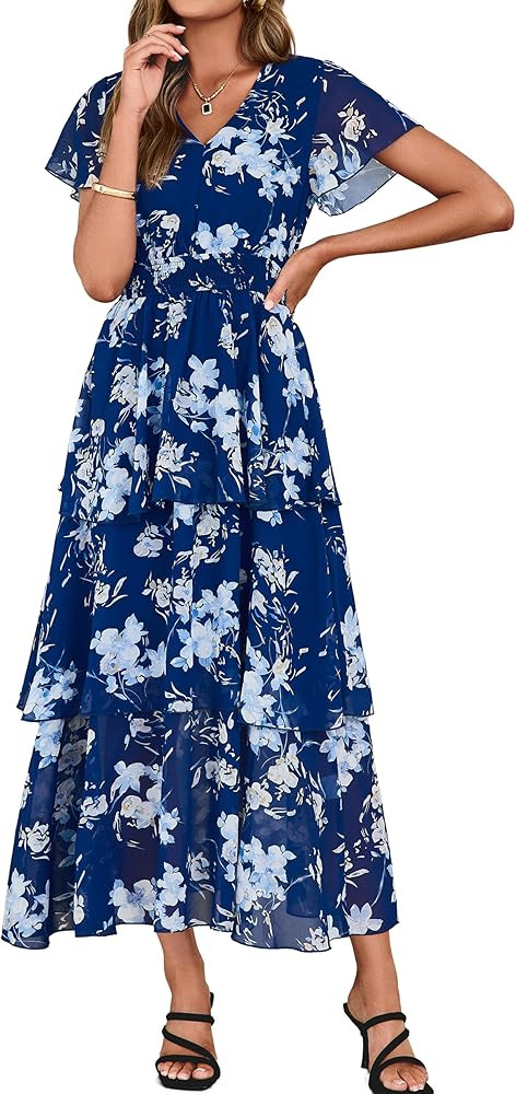 Simplee Women Floral Summer Maxi Dress Boho Flowy Ruffle Tiered Short Sleeves V Neck Long Wedding... | Amazon (US)
