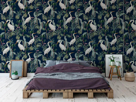 Chinoiserie wallpaper heron bird peel and stick mural | Etsy | Etsy (US)